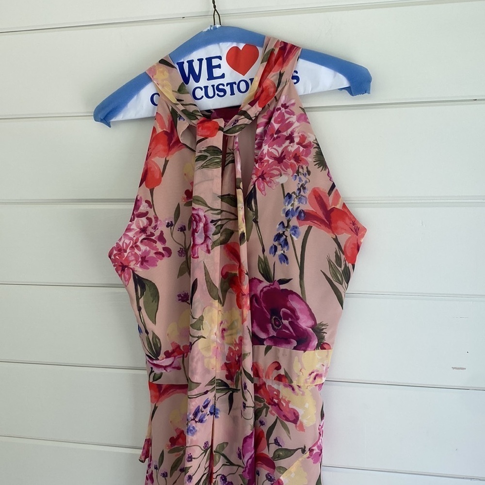 Eliza J | Halter Neck Floral Print Chiffon Sleeveless Side Slit Cascade Ruffle - Picture 5 of 11